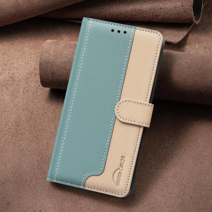 Leather Cardholder Phone Case For Everyday Use With Card And Cash Storage Pocket in teal and beige leather wallet-style phone cover with card slots and RFID protection