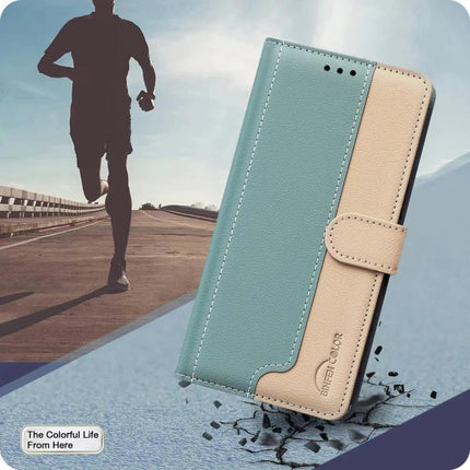 Leather Cardholder Phone Case For Everyday Use With Card And Cash Storage Pocket, teal and beige leather wallet phone case with card slots and RFID protection