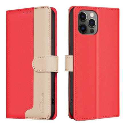 Leather Phone Case With Card And Cash Storage in red and beige PU leather wallet style with three card slots, cash pocket, RFID blocking and TPU shell