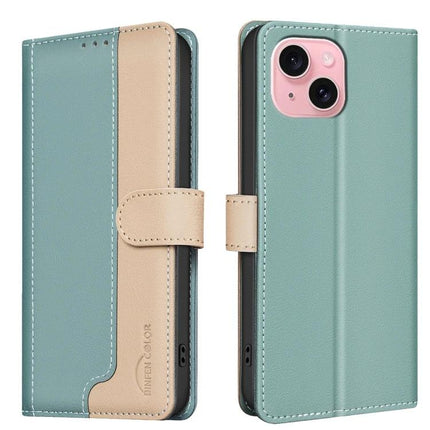 Leather Phone Case With Card And Cash Storage in teal and beige PU leather with 3 card slots, cash pocket, RFID-blocking and snap closure