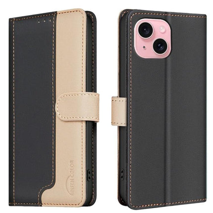 Leather Phone Case With Card And Cash Storage black and tan PU leather wallet folio with three card slots and RFID blocking