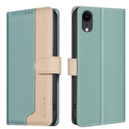 Leather Phone Case With Card and Cash Storage in teal and beige PU leather wallet style with three card slots and cash compartment
