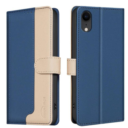 Leather Phone Case With Card and Cash Storage - blue and beige PU leather wallet phone case with three card slots and cash compartment