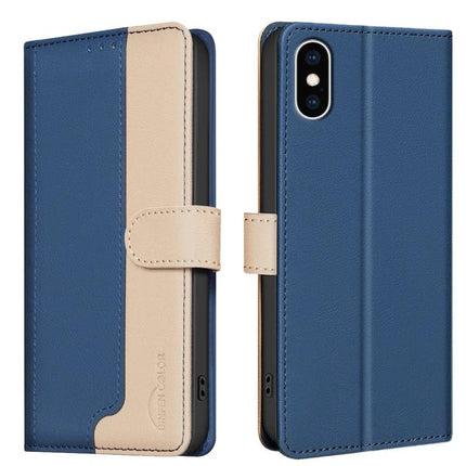Leather Phone Case With Card and Cash Storage - blue and tan PU leather wallet case with three card slots and cash pocket