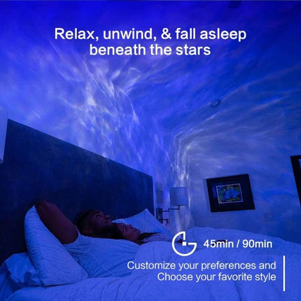 Starry Projection Lamp for Cozy Bedroom Evenings at Home projecting blue nebula and stars over a couple relaxing in bed