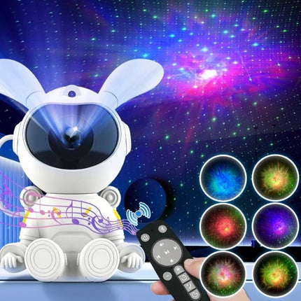 Space Rabbit Lamp for Relaxing Bedroom Evenings at Home projecting colorful starry nebulae with remote and timer for calming nightstand ambiance