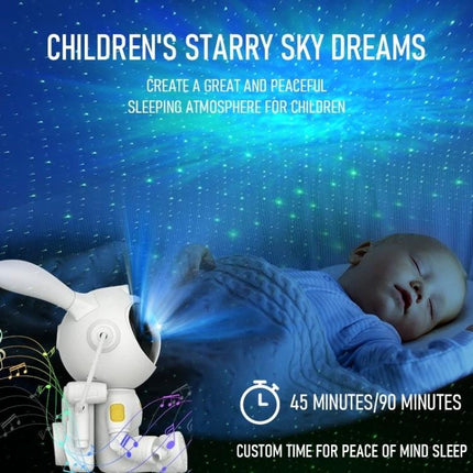 Space Rabbit Lamp for Relaxing Bedroom Evenings at Home projecting starry nebula lights over a sleeping child, nightstand soothing timer and dimming settings