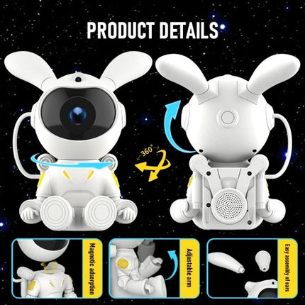 Space Rabbit Lamp for Relaxing Bedroom Evenings at Home - white rabbit projector lamp showing front and back with adjustable arms and starry projection