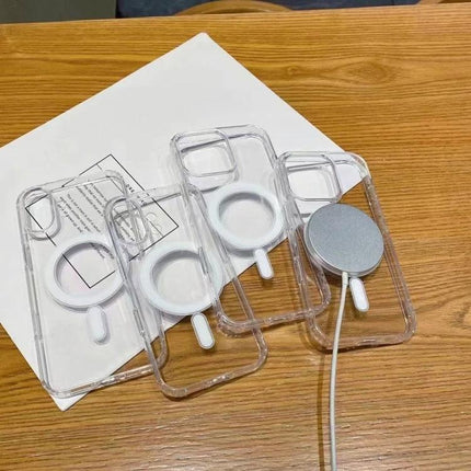 Clear Case for iPhone Everyday Protection and Clean Transparent Look for Daily Use showing clear TPU cases with MagSafe ring on wooden table
