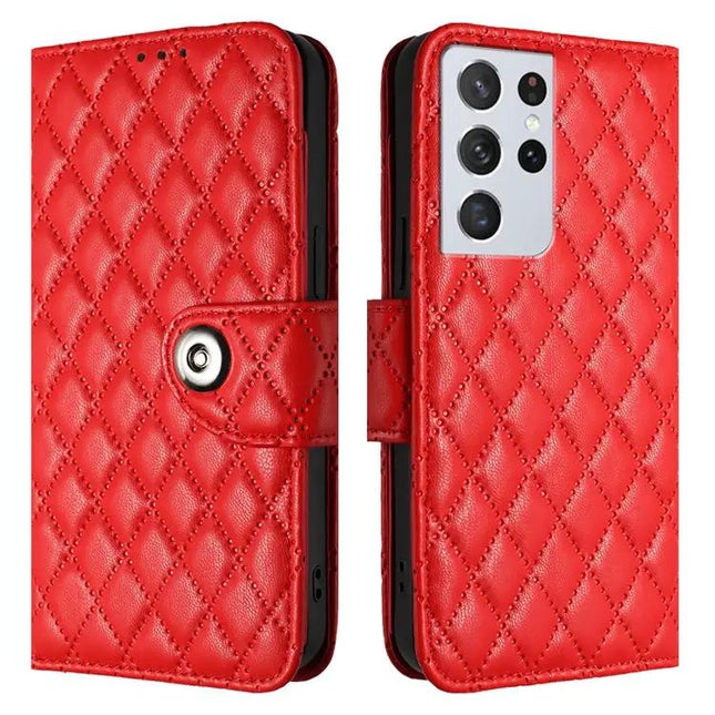 Rhombic Texture Flip Leather Phone Case With Lanyard