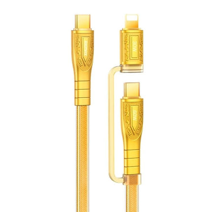REMAX Charging Cable for Daily Device Connectivity gold braided 3-in-1 cable with lightning and USB-C connectors, durable travel charging cable