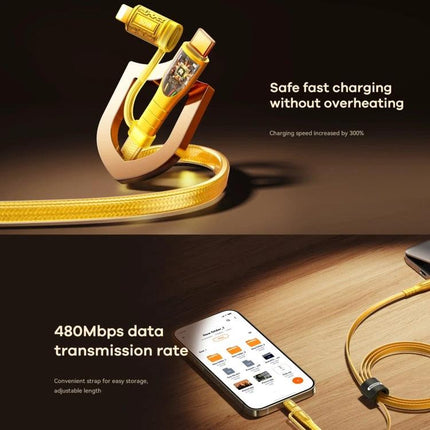 REMAX Charging Cable for Daily Device Connectivity gold braided cable showing fast charging and 480Mbps data transfer, phone and cable on table