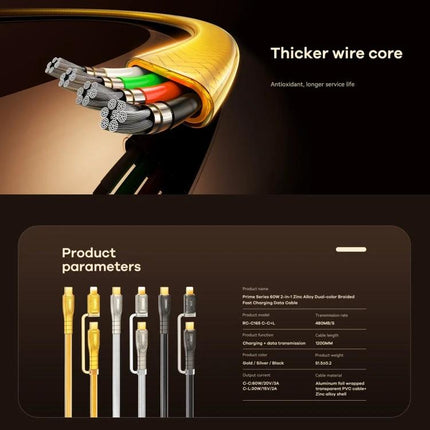 REMAX Charging Cable for Daily Device Connectivity - cross-section showing thicker wire core and braided fast-charging cables in gold, silver, black