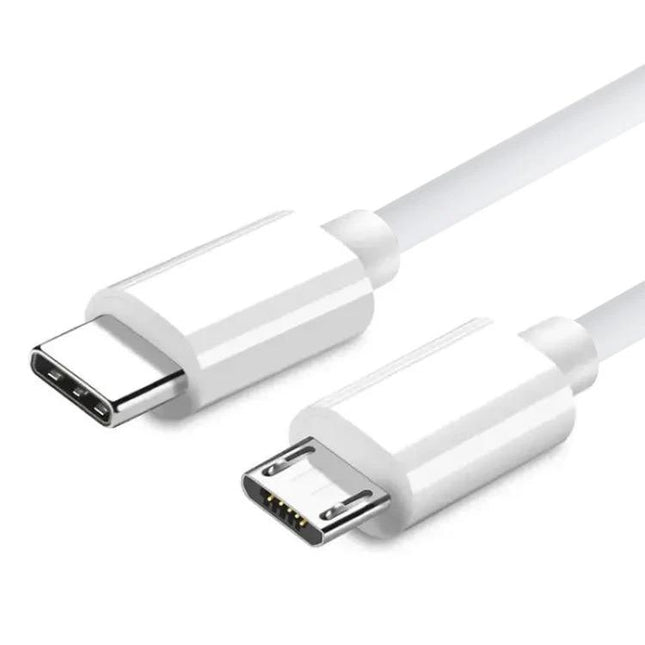 Versatile USB-C to Micro USB Cable for Everyday Device Connections - 1m white cable showing USB-C and Micro USB connectors for charging and data transfer