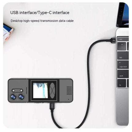 A3 Outdoor Sports Camera with 180-Degree Rotatable Screen connected via Type-C to laptop showing 1.5-inch IPS HD display and dual-lens compact body