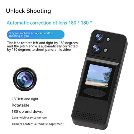 A3 Outdoor Sports Camera with 180-Degree Rotatable Screen showing dual lenses, 1.5-inch IPS display and rotatable 180° mechanism for cycling and hiking