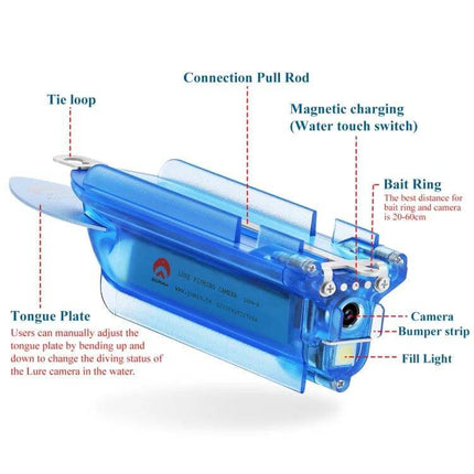 Wireless Underwater Fishing Camera with App Control and Loop Recording - blue lure camera with magnetic charging, bait ring, tongue plate and fill light