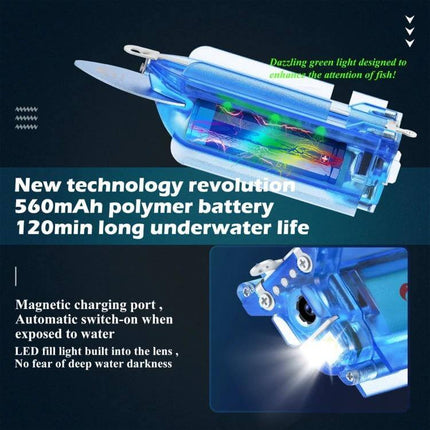 Wireless Underwater Fishing Camera with App Control and Loop Recording showing blue housing, LED light, 560mAh battery and magnetic charging port