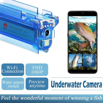 Wireless Underwater Fishing Camera with App Control and Loop Recording showing blue camera and smartphone live fish feed