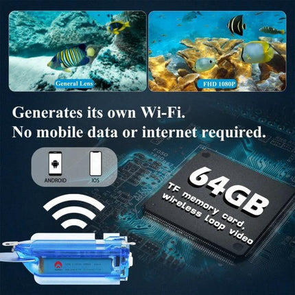 Wireless Underwater Fishing Camera with App Control and Loop Recording showing FHD 1080P images, built-in Wi‑Fi, Android iOS app support and 64GB loop recording
