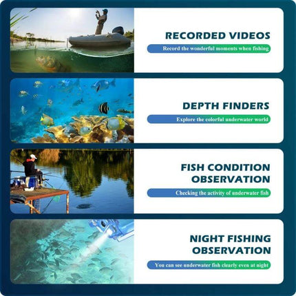 Wireless Underwater Fishing Camera with App Control and Loop Recording showing recorded videos, depth finders, fish condition observation and night fishing observation