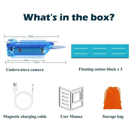 Wireless Underwater Fishing Camera with App Control and Loop Recording in box showing camera, floating cotton blocks, magnetic charging cable, manual, storage bag