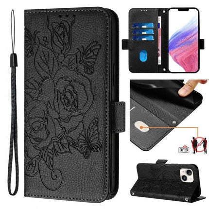 Leather Phone Case With Card And Cash Storage black floral wallet folio with 3 card slots, cash pocket, raised edges and wrist strap
