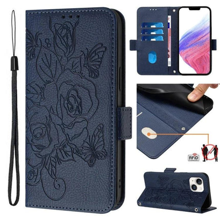 Leather Phone Case With Card And Cash Storage navy floral folio wallet with 3 card slots RFID protection and wrist strap