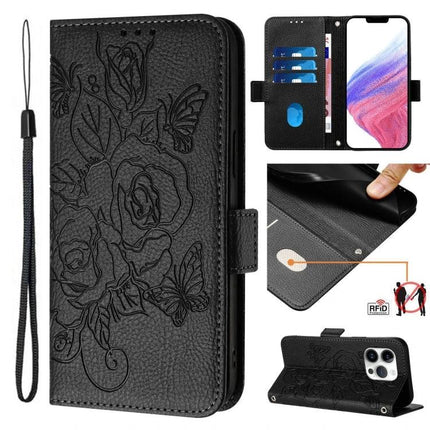 Leather Phone Case With Card And Cash Storage - black embossed floral wallet case with 3 card slots, cash pocket, wrist strap and protective raised edges