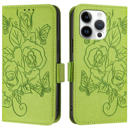 Leather Phone Case With Card Slots for Daily Use — green PU leather wallet case with embossed roses and butterflies, card slots and kickstand