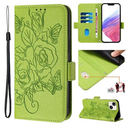 Leather Phone Case With Card And Cash Storage - green floral wallet folio with 3-card slots, cash pocket, RFID protection and wrist strap