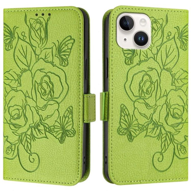 Leather Phone Case With Card And Cash Storage — lime green floral wallet case with raised edges, camera cutout, holds up to 3 cards and cash