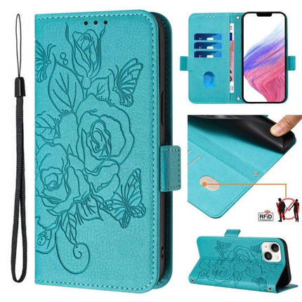 Leather Phone Case With Card And Cash Storage - teal floral RFID wallet case holds up to 3 cards, cash, raised-edge protection, wrist strap