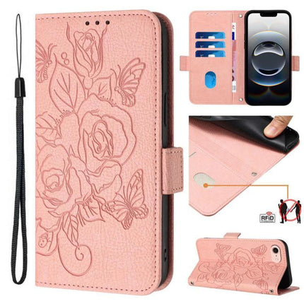 Leather Phone Case With Card Slots For Daily Essentials Slim Design For Commuting And Errands – pink folio wallet with floral embossing, card slots, RFID protection