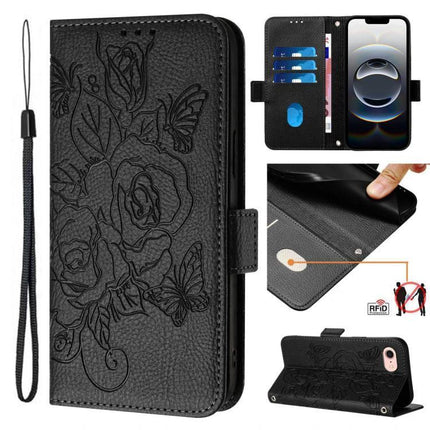 Leather Phone Case With Card Slots For Daily Essentials Slim Design For Commuting And Errands - black floral PU leather folio with card slots and wrist strap