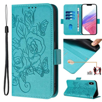 Leather Phone Case With Card And Cash Storage teal floral wallet with 3 card slots, cash pocket, TPU inner shell and wrist strap, RFID protection