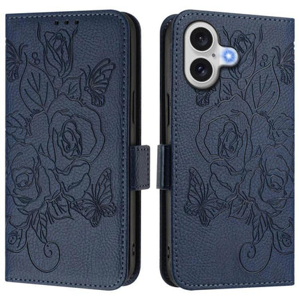 Everyday PU Leather Phone Case With Card Holder For Daily Use - navy blue floral embossed wallet case with RFID, card slots and soft TPU shell
