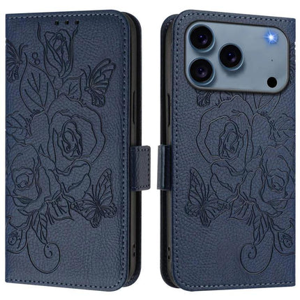 Everyday PU Leather Phone Case With Card Holder For Daily Use - navy floral embossed folio with RFID, TPU shell, card slots, slim wallet