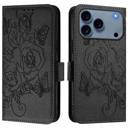 Everyday PU Leather Phone Case With Card Holder For Daily Use - black floral embossed wallet case with RFID and soft TPU inner shell