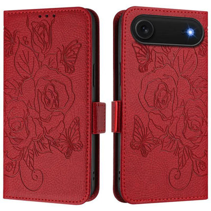 Everyday PU Leather Phone Case With Card Holder For Daily Use - red floral embossed wallet case with RFID blocking and TPU shell