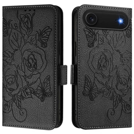 Everyday PU Leather Phone Case With Card Holder For Daily Use - black floral embossed wallet case with RFID blocking