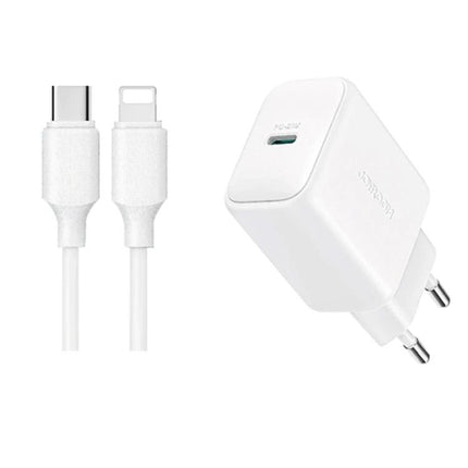 Joyroom Charging Kit for Daily Phone Use at Home - white USB-C to Lightning cable and compact USB-C wall charger for fast home charging