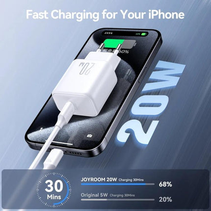 Joyroom Charging Kit for Daily Phone Use at Home shown charging an iPhone with 20W adapter for fast daily home charging