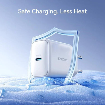 Joyroom Charging Kit for Daily Phone Use at Home - white Joyroom PD-20W wall charger on icy surface with shield graphic, safe charging and less heat