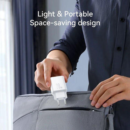 Joyroom Charging Kit for Daily Phone Use at Home white compact 20W wall charger being placed into a backpack, light and portable space-saving design