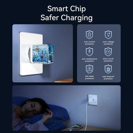 Joyroom Charging Kit for Daily Phone Use at Home showing smart chip safety features, wall charger plugged in with phone charging overnight