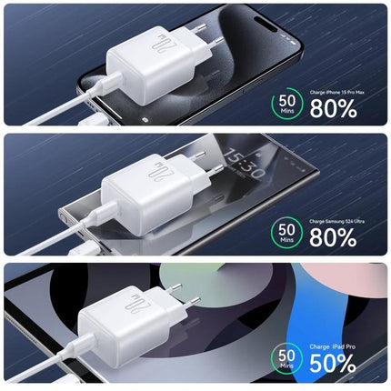 Joyroom Charging Kit for Daily Phone Use at Home - white fast charger and cable shown charging phones and tablet, 50 mins to 80%