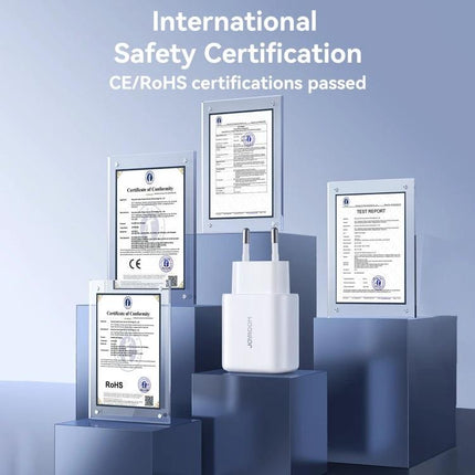 Joyroom Charging Kit for Daily Phone Use at Home with certified safety adapters showing CE and RoHS certificates