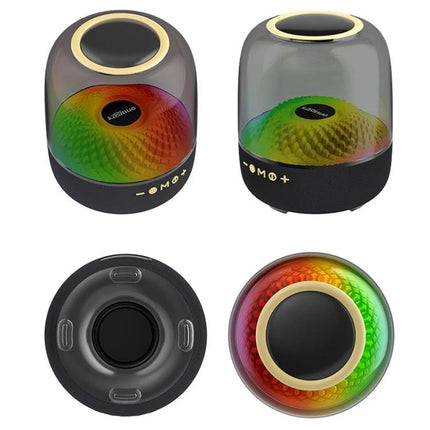 Compact Bluetooth Speaker With Ambient Lighting For Home Use showing RGB pulsing lights and compact four‑speaker design