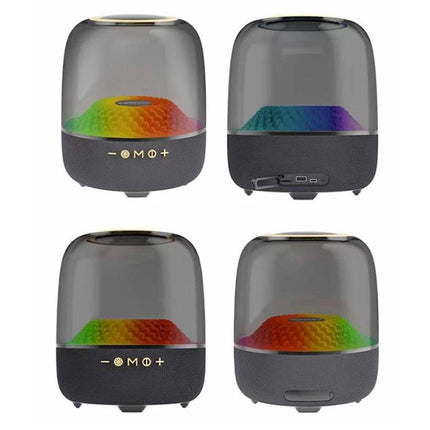 Compact Bluetooth Speaker With Ambient Lighting For Home Use showing four-angle views with pulsing RGB lights and control buttons